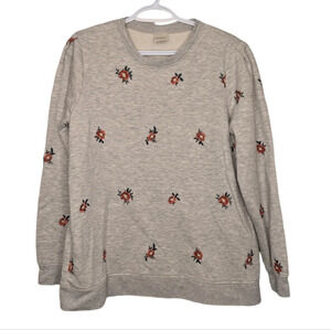 Blair Scoop Crew Neck Grey Sweatshirt Embroidered Flower Detail Women Medium